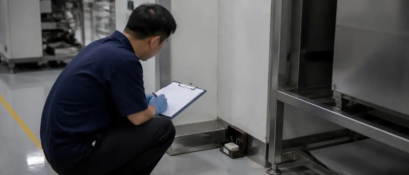 泳銘技師巡查工廠鼠害監測站並填寫施作紀錄，符合Iso 22000前提方案要求