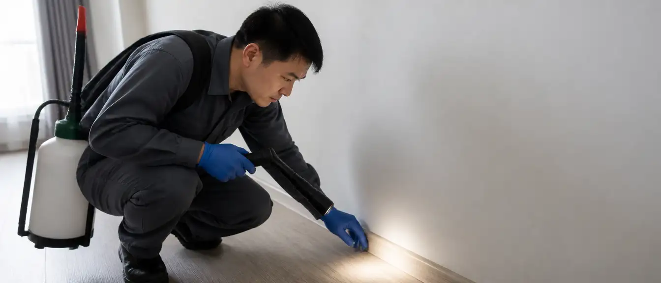 白蟻防治技師在梅雨季前進行住家木作濕度檢測