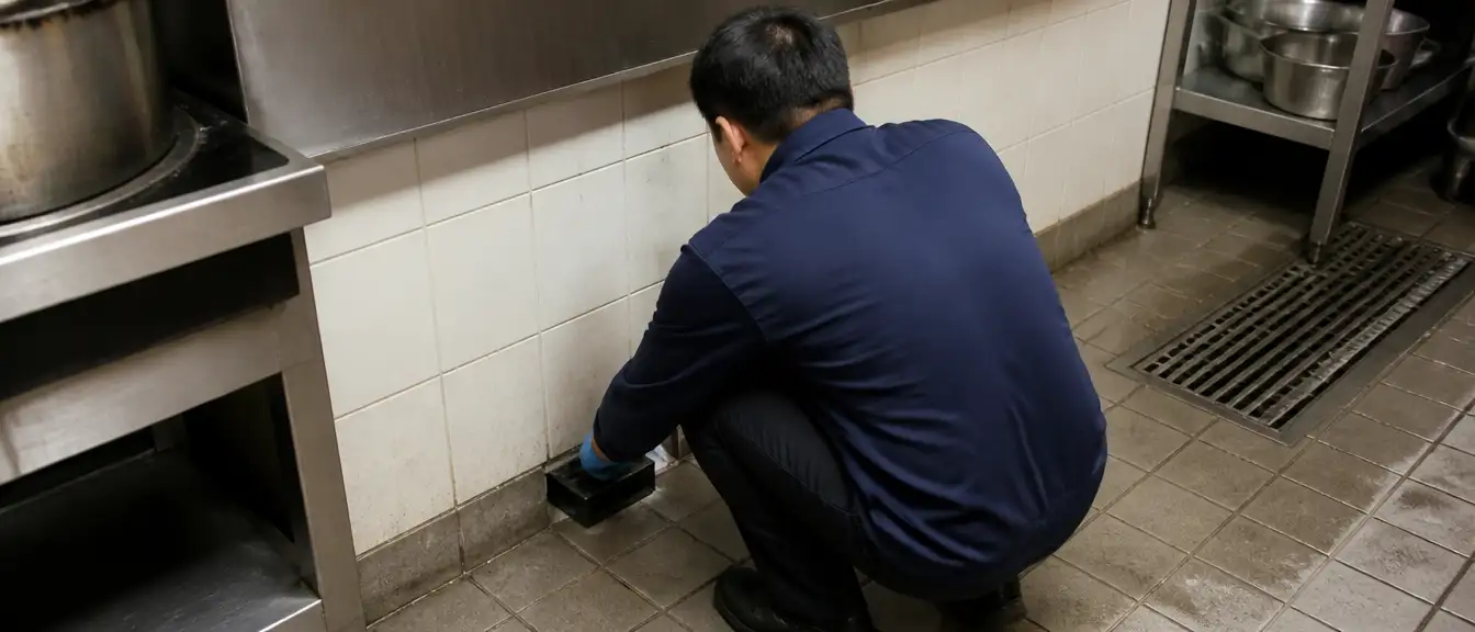 泳銘技師於夏季在餐廳環境進行老鼠防治作業