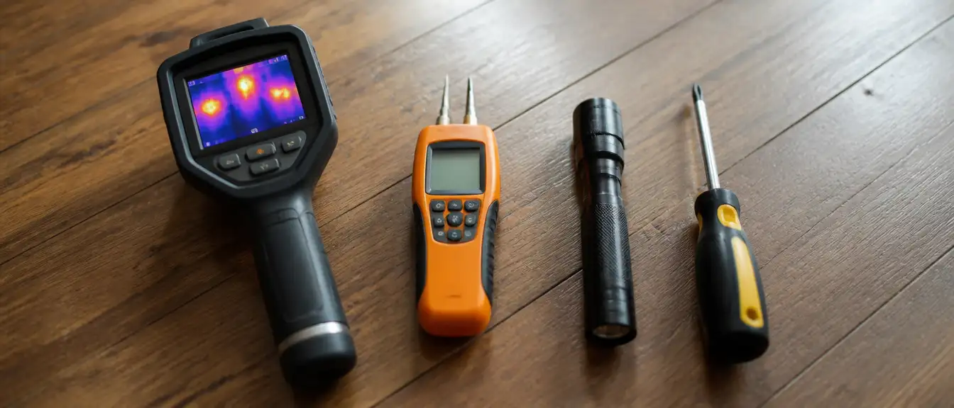 專業白蟻勘查工具組，包含熱顯像儀、水分偵測儀與手電筒，是精準報價的基礎