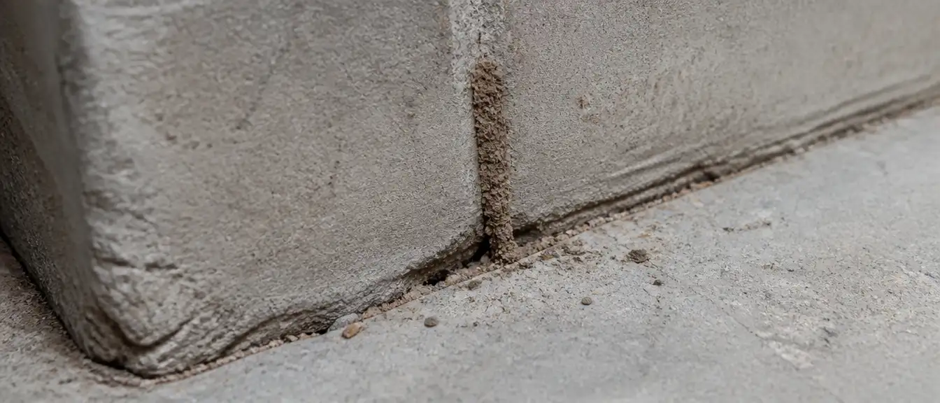 白蟻泥道從地面裂縫中生長出來，顯示地下白蟻從水泥縫隙入侵建物的方式